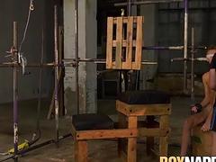 Submissive twink blindfolded and tied up for gay BDSM play