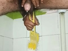 Indian gay use toilet brush and free hand cum