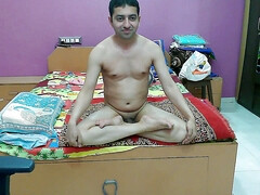 Cute sissy femboy sweet lollipop doing naked yoga on the bed after woke-up in the morning.