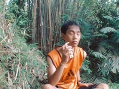 Slender gay Asian enjoys bareback sex with mature man outdoors