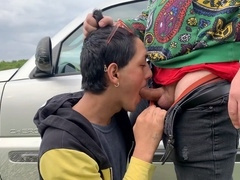 Naughty outdoor encounter: Little gay sissy gets face fucked in a car