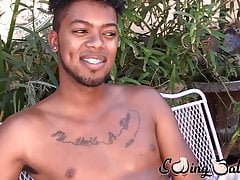 Young ebony guy shows off his balls and jerks off solo