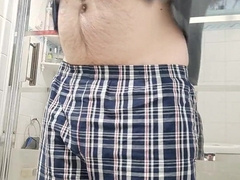 inked unshaved dude blows a load before taking a bathroom