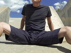 Public piss and cum inside black athletic shorts