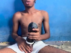 Amateur straight, flashlight cum, big cock solo masturbation