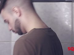 Latino macho fucks twink in public washroom