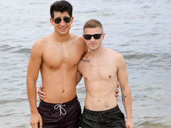 Gay men having fun by the shore then in the hotel room