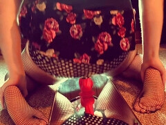 Sissy in chastity riding big dildo