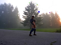 Shameless hot twink flaunting big dick and tight asshole in the middle of the road