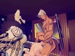 Two muscular guys have fun with a twink in VR