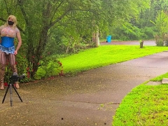 Big faux milk cans crossdresser behind-the-episodes photoshoot in public gettting caught