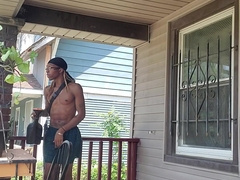 Tending to dis BIG BLACK COCK while trending to my plants and busting my thick fountain