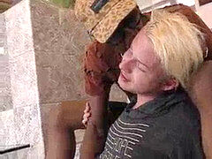 Blonde twink gets fucked hard by a fag dark-hued dude