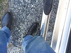 My black cowboy cock long pissing outside with my cwbyboots
