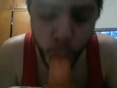 Deep-throating on mother's fucktoy trio