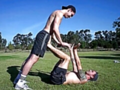 After stretching, two hunks take a break for satisfying anal sex