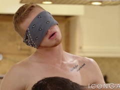 Blindfolded Zach Covington is bent over taking Adam Ramzis big cock