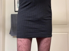 Gigantic salami in lace undies, pantyhose and a LBD
