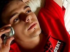 Pierced gay stroking his massive cock