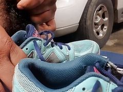 at the auto shop playing with Asics tennis shoes I found in customer SUV