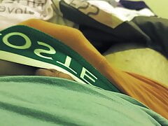 Boy jerking off and cumming in T-shirt in bed before the slumber