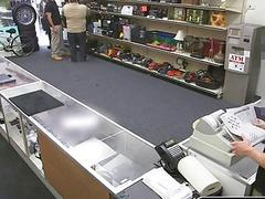 Blonde jock goes to the back of the shop to service a dungeon master