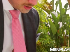 Outdoor raw breeding sesh with suited Damon Heart and Sir Peter