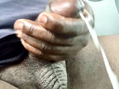 Black cock gay guy jerking off big load while moaning & cumming