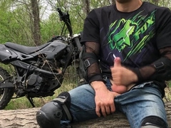 Uber-sexy BIKER while railing a MOTORBIKE in the woods MASTURBATES OFF and JIZZES in public