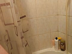 Playing with dick in bathroom after hardcore fucking his stepmom taking a rest in shower