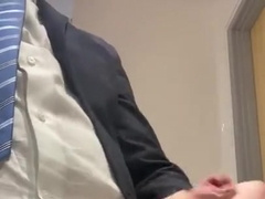 Suited boss stroking at work - kinky, rigid and uncircumcised hetero man spunking