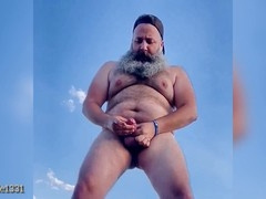 Mature man enjoys eating his own cum while solo on webcam outdoors