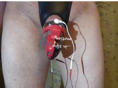 Estim cum milking with black red Chastity cage